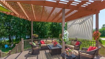 Custom backyard pergola installed over an outdoor seating area