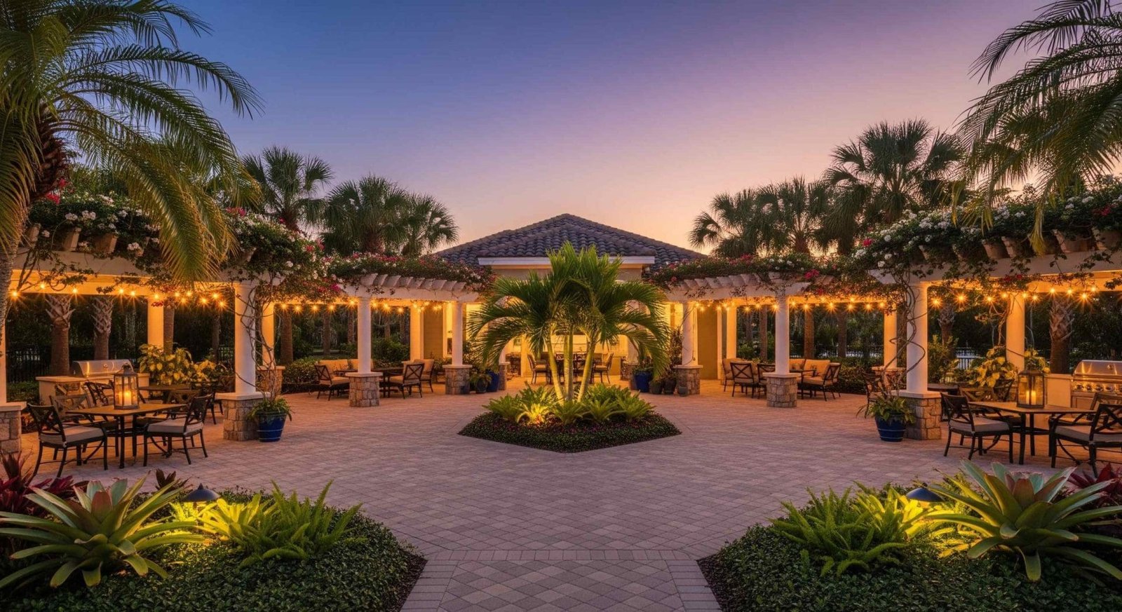 Elegant outdoor living spaces for managed properties at sunset