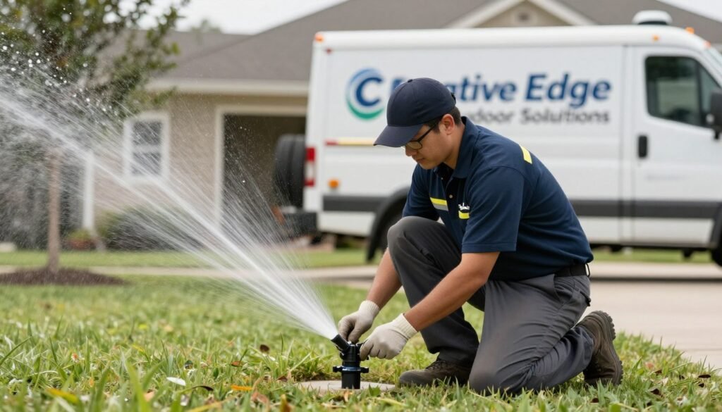 Creative Edge Outdoor Solutions technician performing sprinkler startup in Lakeland