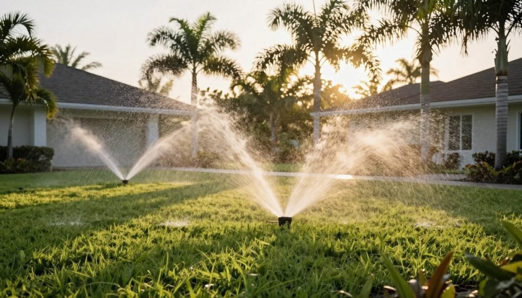 Florida landscape with sprinkler system in operation during sunrise