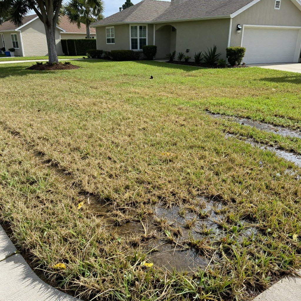 Lawn with uneven watering and dry patches before sprinkler startup
