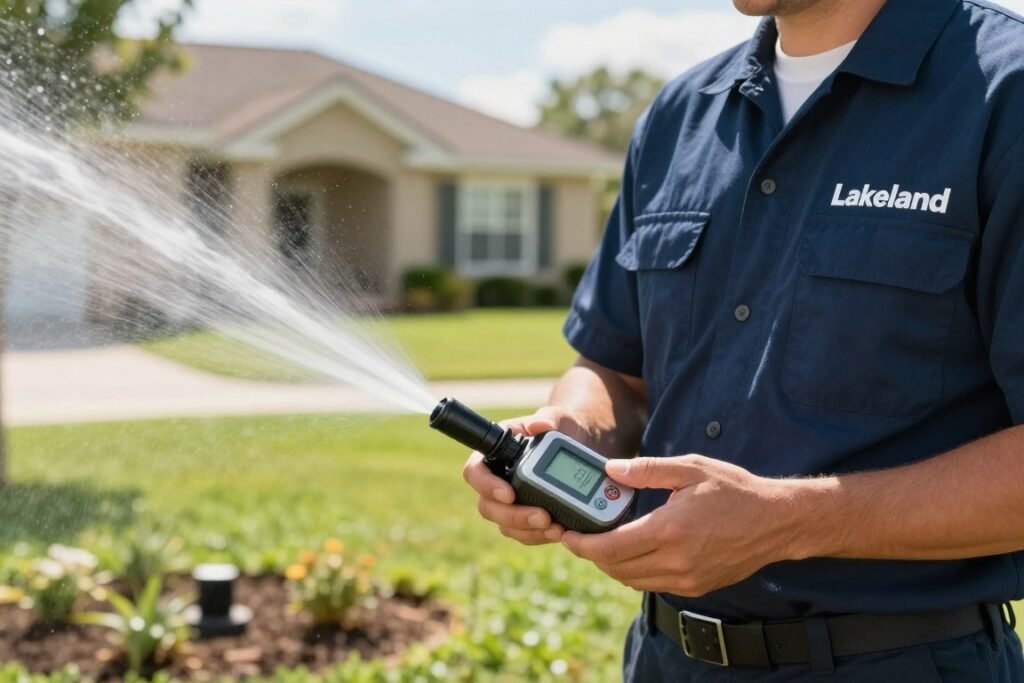 Technician performing zone-by-zone sprinkler system test in Lakeland