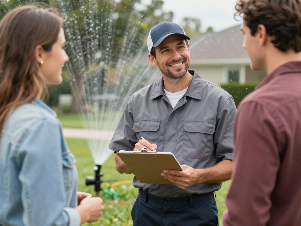 Technician providing sprinkler repair estimate in Lakeland