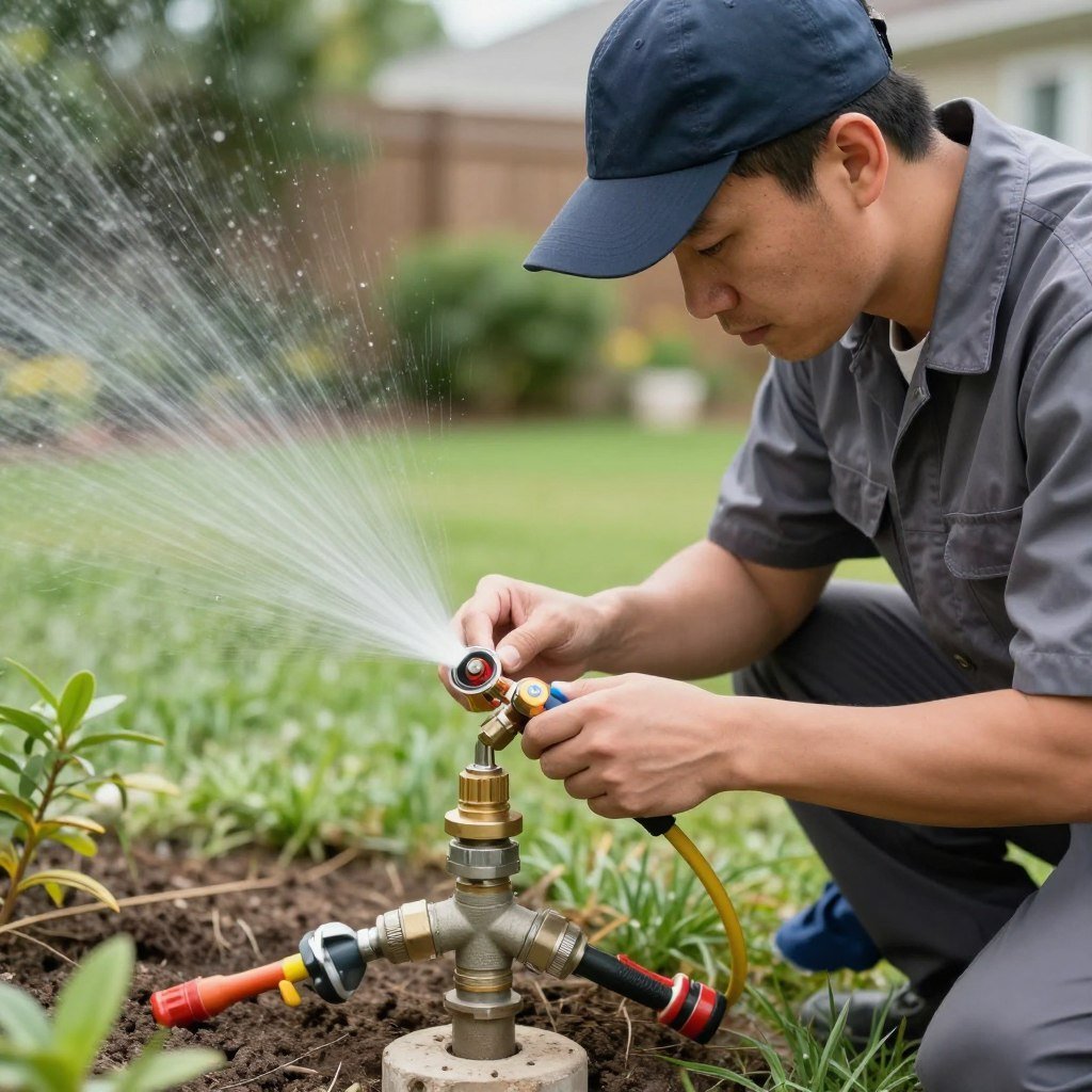 Technician repairing sprinkler head in Lakeland yard