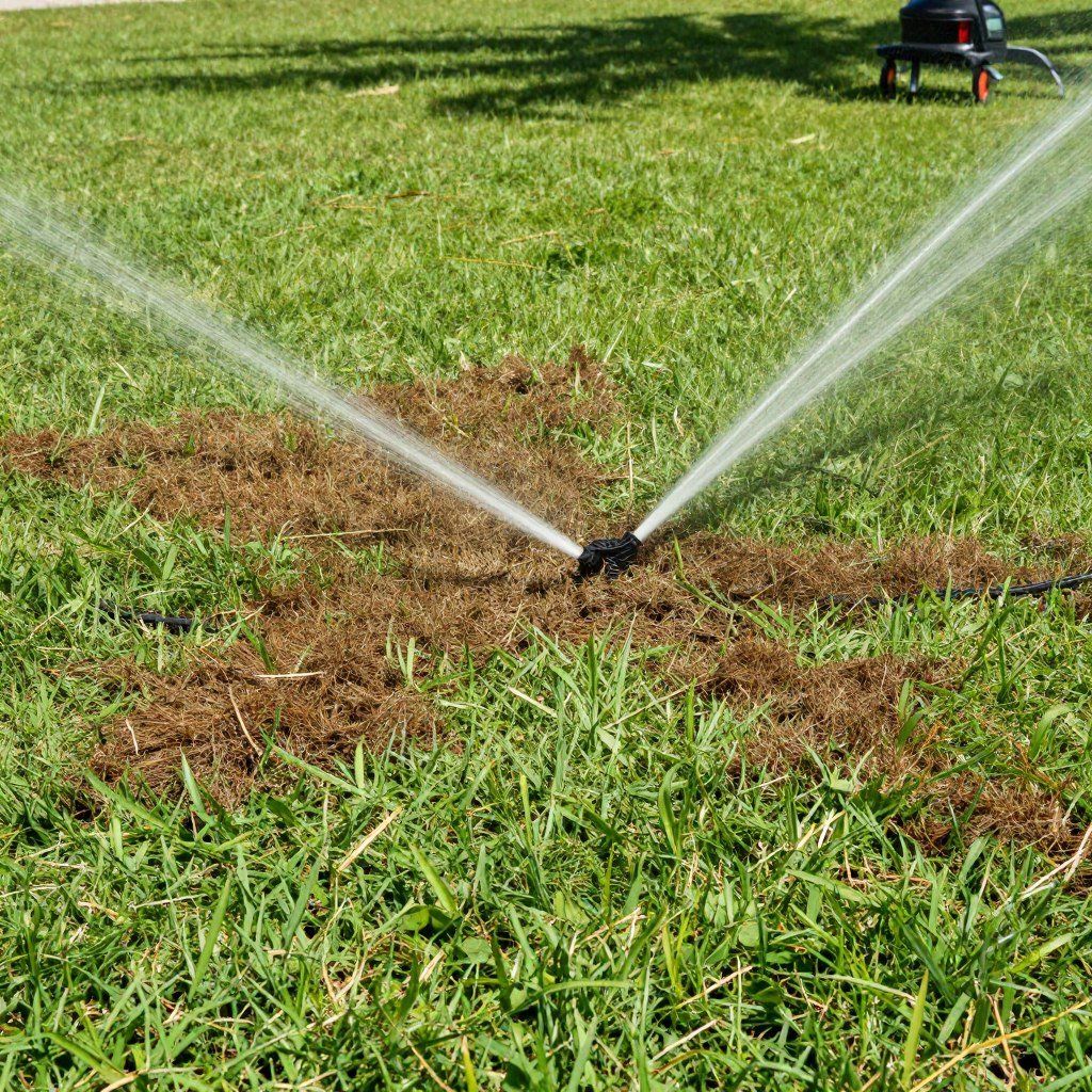 Uneven sprinkler coverage causing brown patches in Lakeland lawn