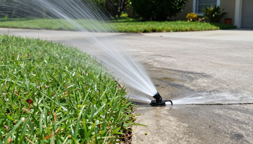 Broken sprinkler head spraying water on driveway instead of lawn in South Lakeland