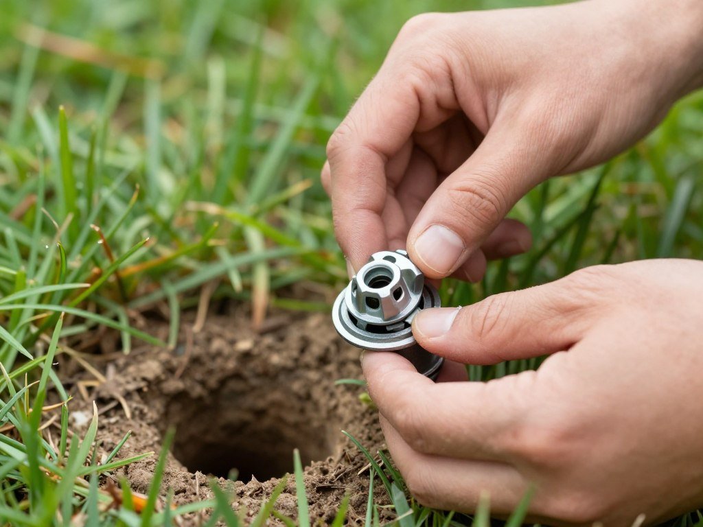 Close-up of broken sprinkler head repair in South Lakeland yard