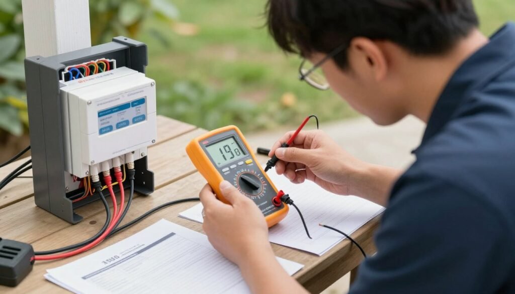 Creative Edge technician diagnosing irrigation controller issues with testing equipment