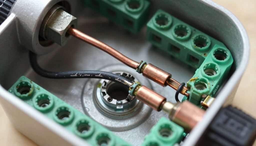 Irrigation controller wiring connections showing corrosion damage