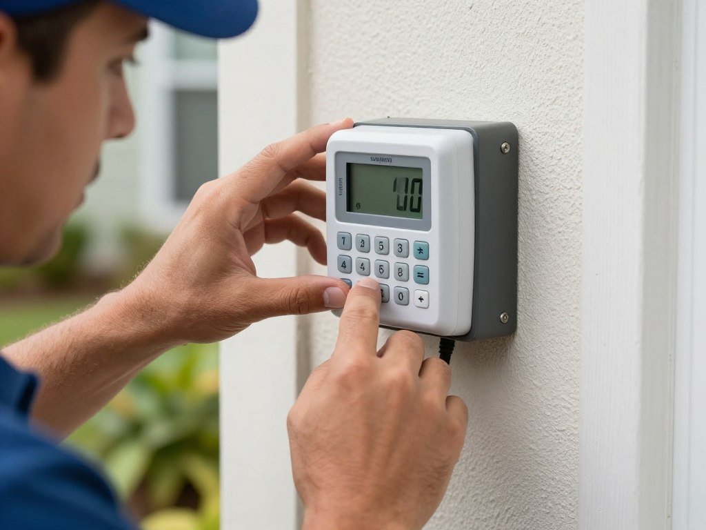 Irrigation system maintenance Polk County with technician adjusting sprinkler timer