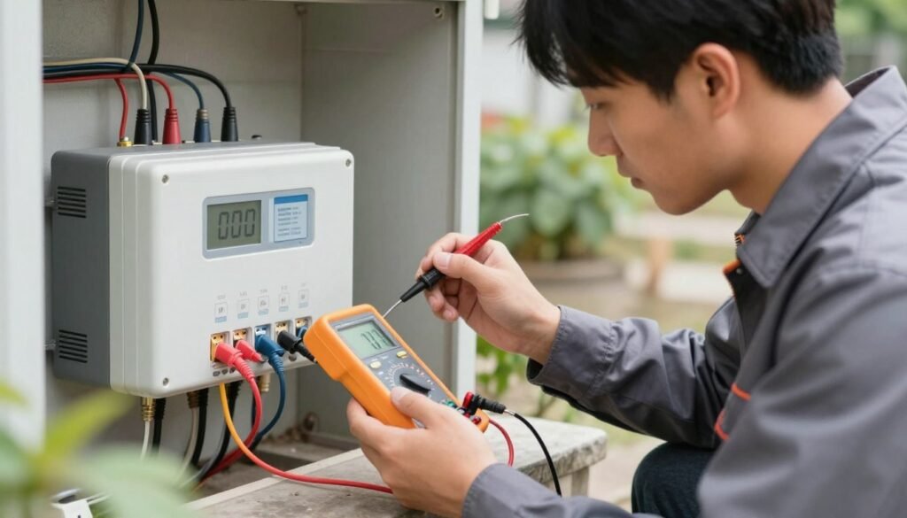 Irrigation technician performing electrical diagnostics on sprinkler controller