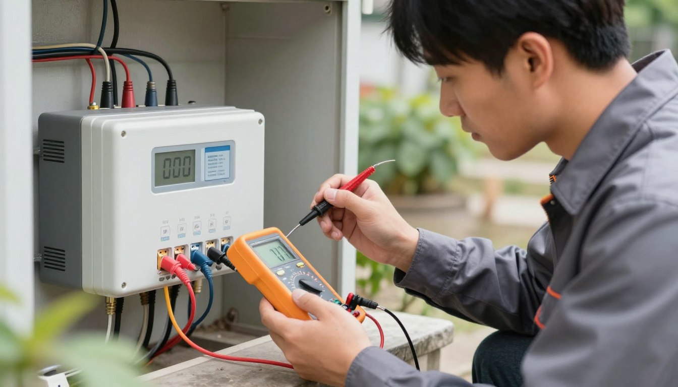 Irrigation technician testing sprinkler controller wiring