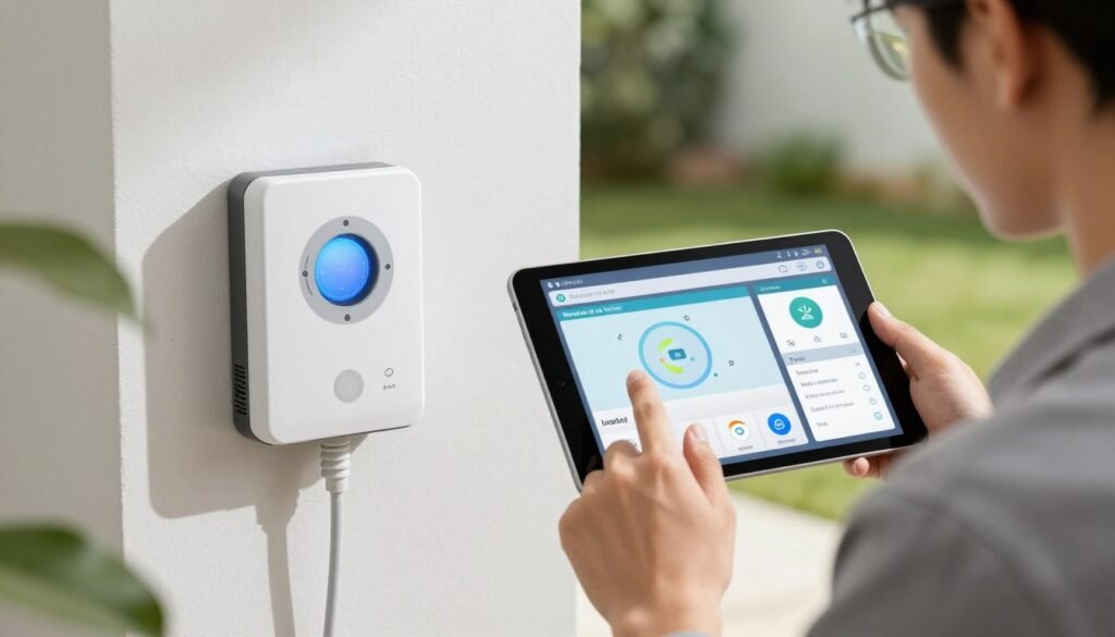 Irrigation technician programming smart sprinkler controller on tablet device