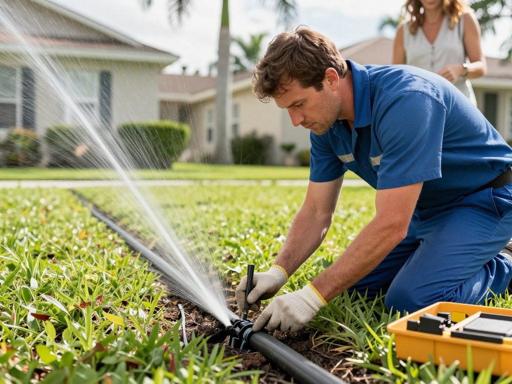 Irrigation technician repairing sprinkler pipe in Lakeland Highlands
