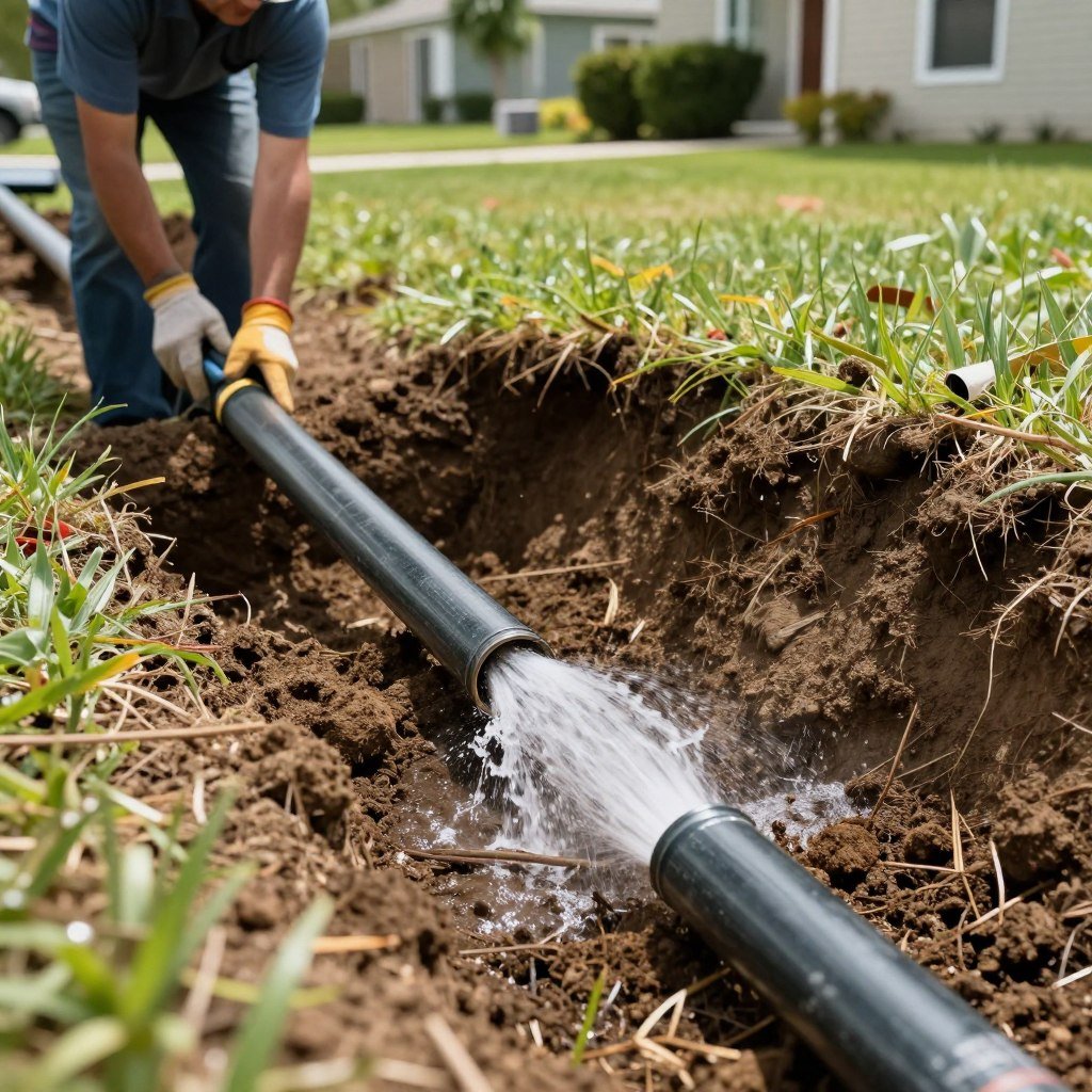 Leaking underground irrigation pipe being repaired