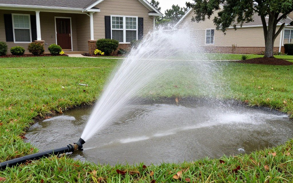 Obvious sprinkler system failure requiring immediate professional repair