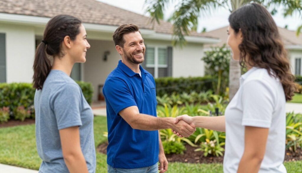 Satisfied Lakeland homeowner with Creative Edge irrigation technician after sprinkler controller repair