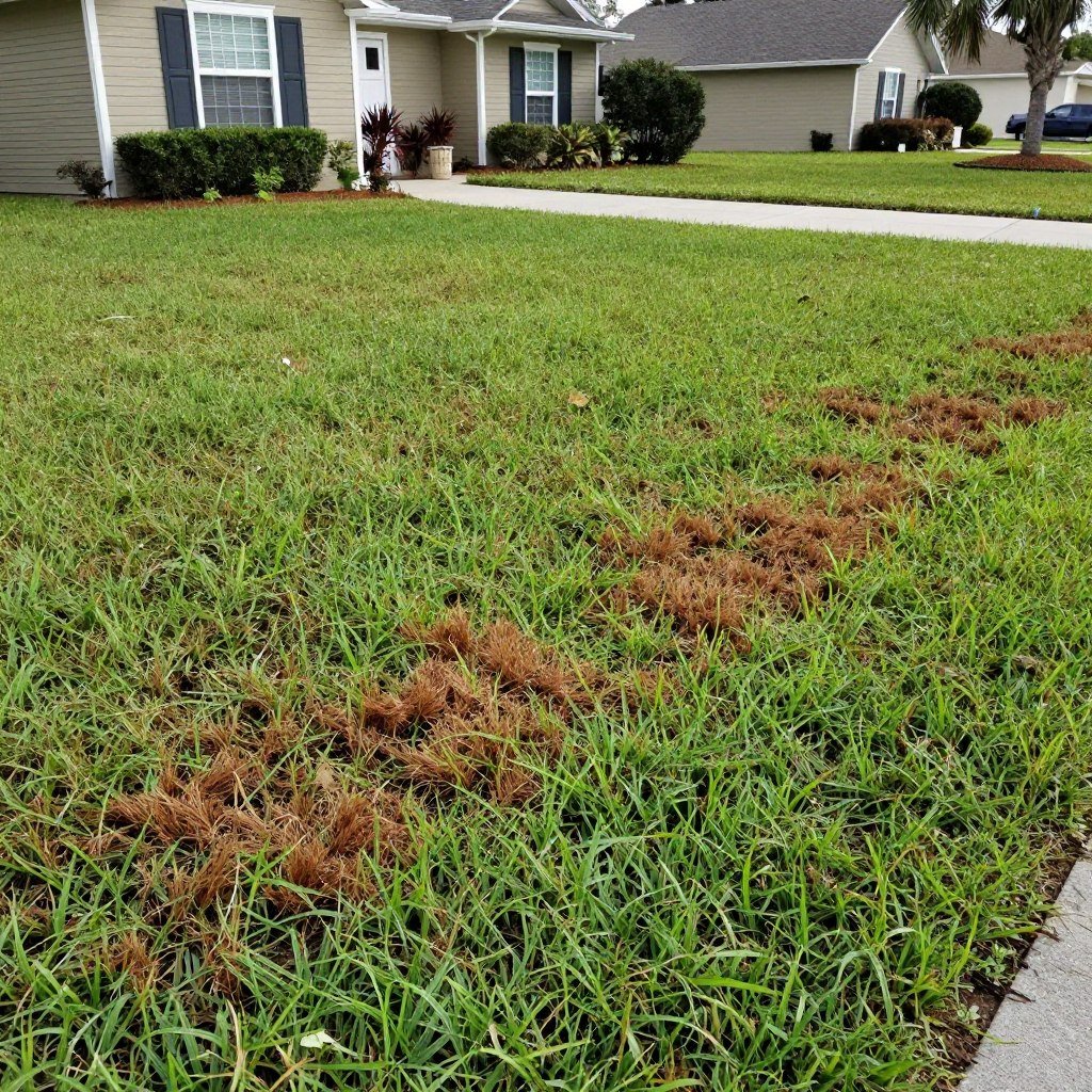 South Lakeland lawn showing brown patches from broken irrigation system