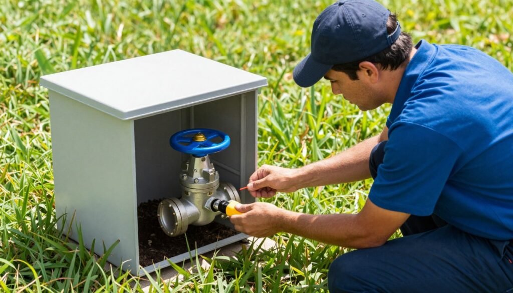 Sprinkler maintenance Polk County showing valve inspection