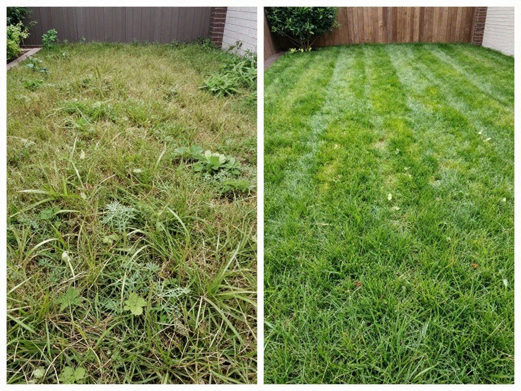 before and after lawn care transformation