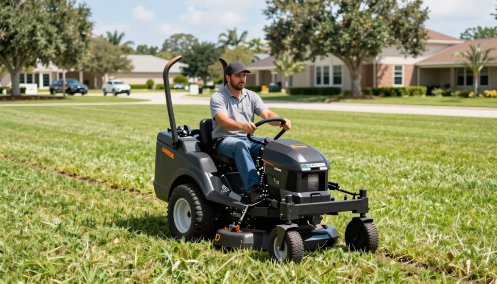 commercial lawn mowing Lakeland FL crew using professional riding mower