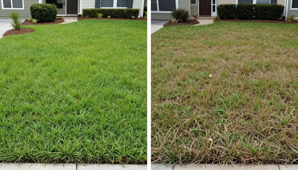 comparison showing well-maintained lawn versus neglected lawn in Lakeland FL