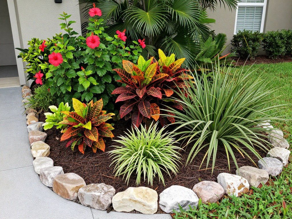 garden bed landscaping Lakeland FL with colorful tropical flowers