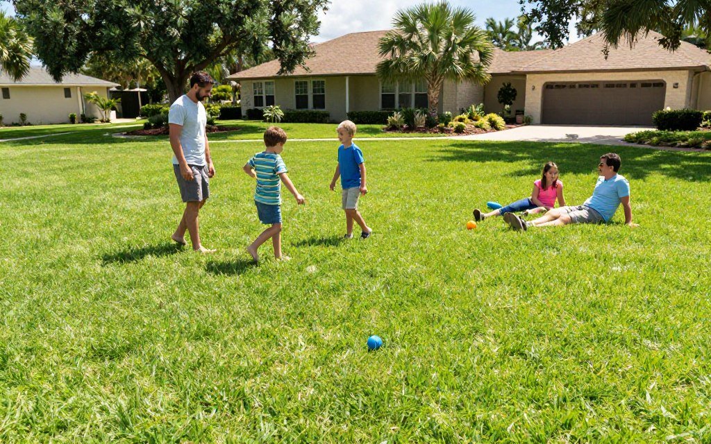 happy Lakeland family enjoying their professionally maintained lawn