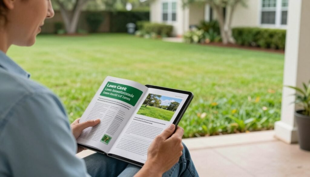 homeowner reading lawn care tips and resources