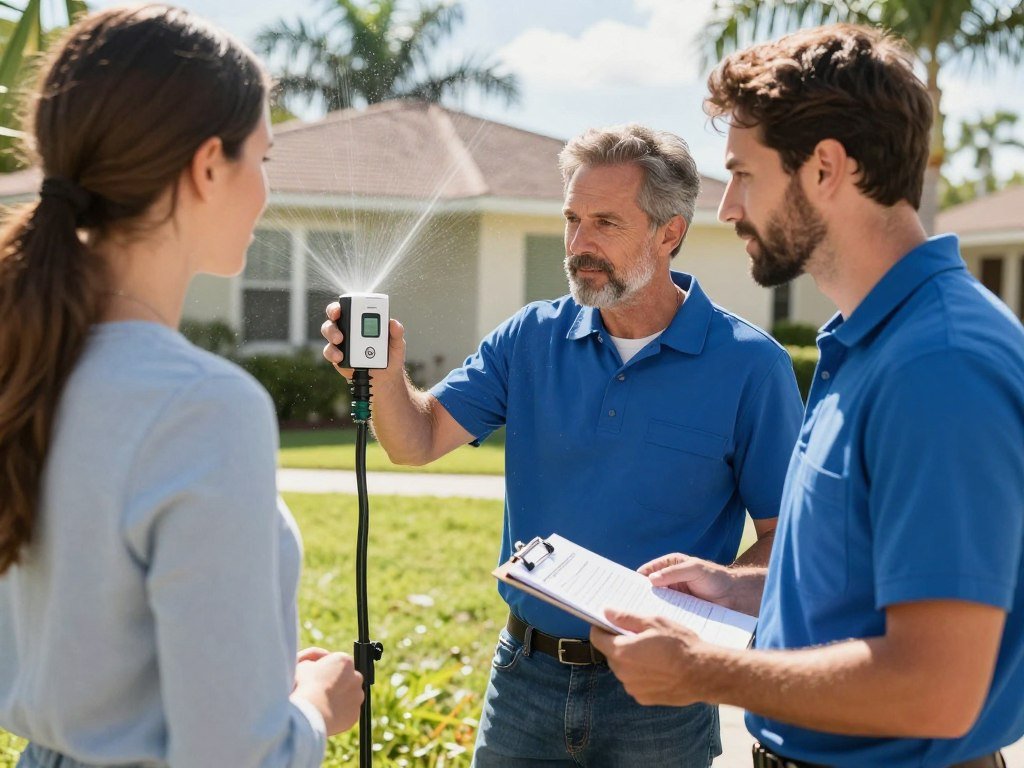 irrigation technician with customer Lakeland Florida