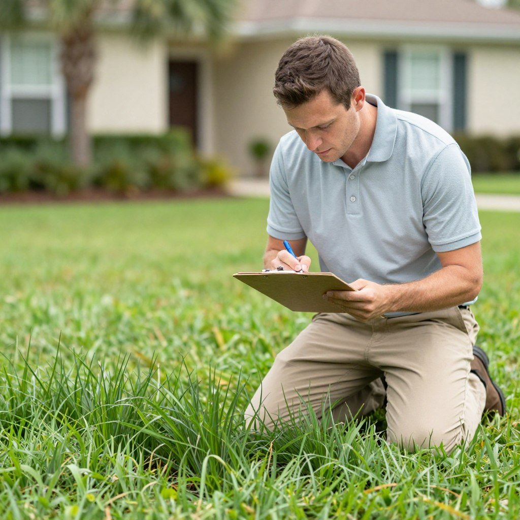lawn care professional inspecting grass health in Lakeland FL