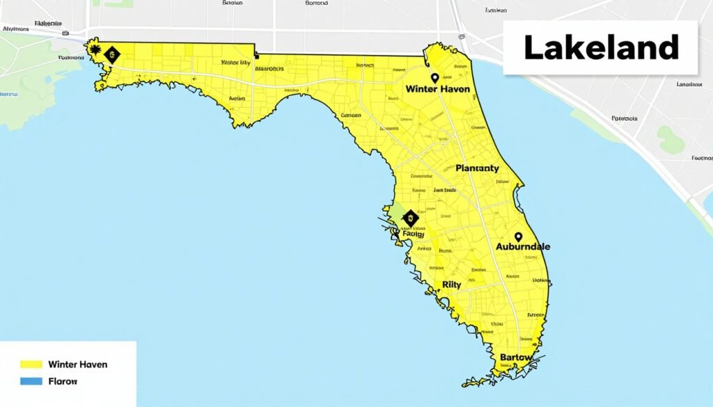 map showing lawn care service areas in Lakeland and Polk County Florida