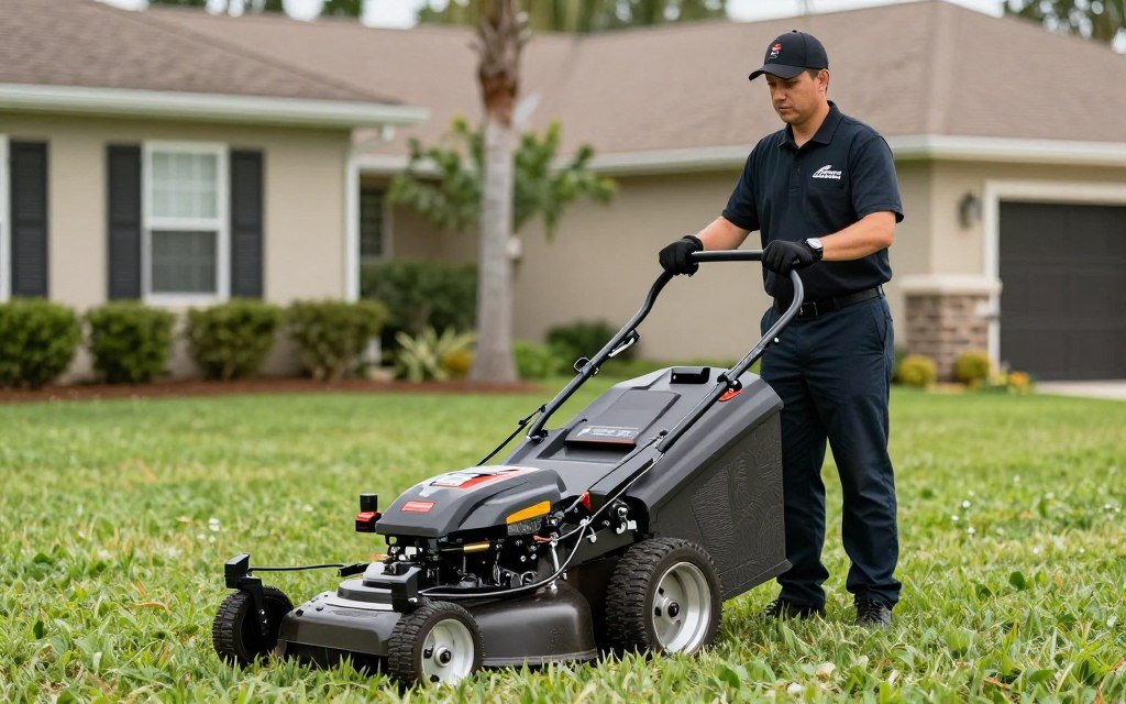 professional lawn care worker using commercial equipment in Lakeland Florida