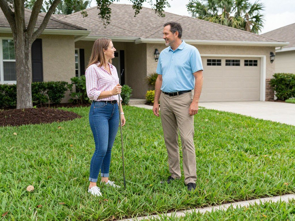 satisfied customer reviewing lawn care service