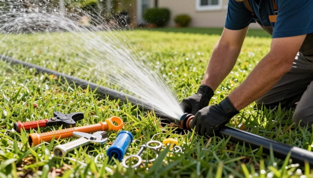sprinkler repair Lakeland FL technician fixing leaking pipe