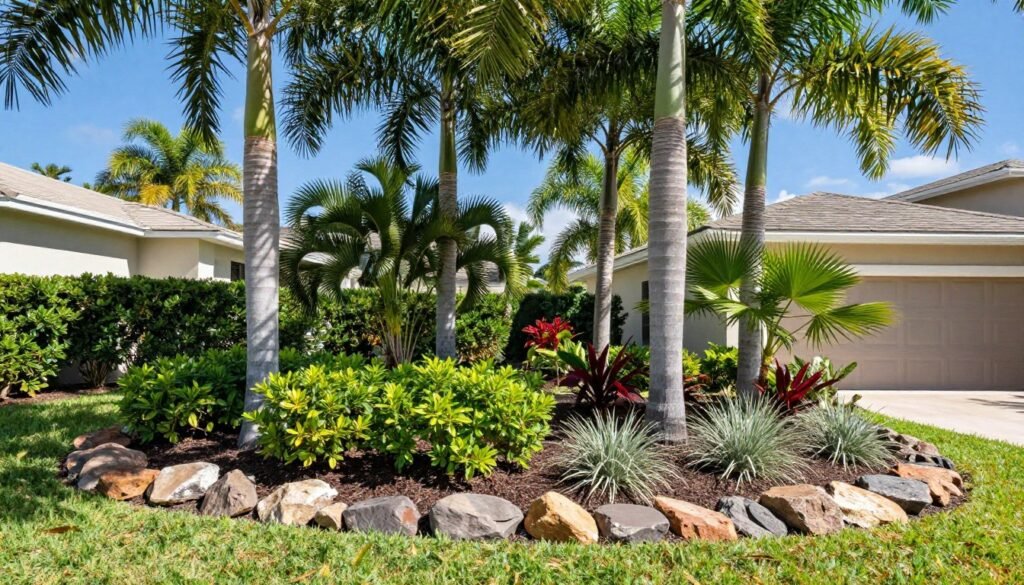 tropical landscaping Lakeland with palm trees and decorative stone