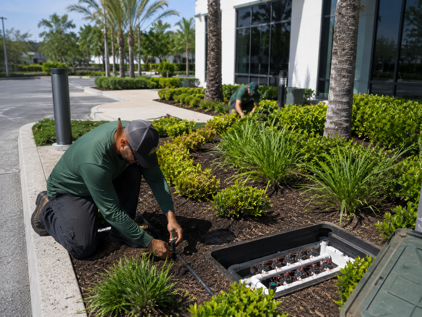 Landscaping crew working on irrigation beside commercial planting beds