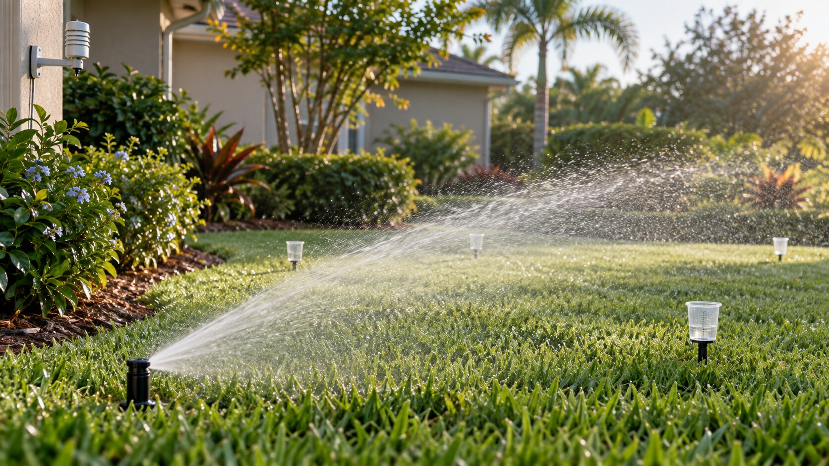 Sprinkler coverage test using catch cups across a Central Florida lawn